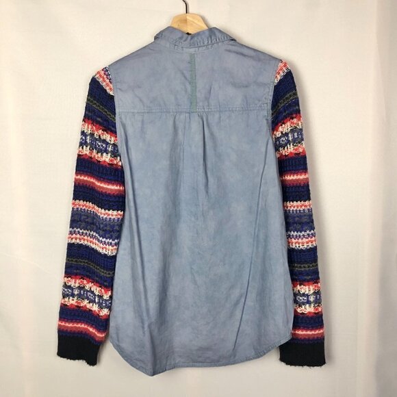 Free People We the Free Chambray Fair Isle Sweater Sleeve Button Down M - Picture 3 of 8